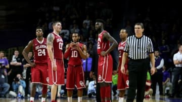 Feb 6, 2016; Manhattan, KS, USA; Members of the Oklahoma Sooners watch Kansas State Wildcats shoot free throws after a technical foul at Fred Bramlage Coliseum. The Wildcats won the game, 80-69. Mandatory Credit: Scott Sewell-USA TODAY Sports