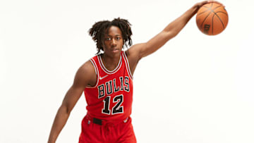 LAS VEGAS, NEVADA - AUGUST 14: Ayo Dosunmu #12 of the Chicago Bulls poses for a portrait during the 2021 NBA rookie photo shoot on August 14, 2021 in Las Vegas, Nevada. (Photo by Joe Scarnici/Getty Images)