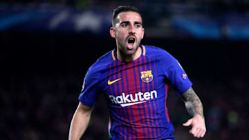 BARCELONA, SPAIN - DECEMBER 05: Paco Alcacer of Barcelona celebrates after scoring his sides first goal during the UEFA Champions League group D match between FC Barcelona and Sporting CP at Camp Nou on December 5, 2017 in Barcelona, Spain. (Photo by Alex Caparros/Getty Images)