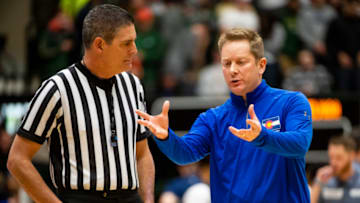 FORT COLLINS, CO - FEBRUARY 06: Head coach Niko Medved of the Colorado State Rams speaks with referee Mike Reed during the first half at Moby Arena on February 6, 2019 in Fort Collins, Colorado. (Photo by Timothy Nwachukwu/Getty Images)