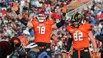 Jan 30, 2016; Mobile, AL, USA; North squad offensive tackle Jason Spriggs of Indiana (78) and tight end Henry Krieger-Coble of Iowa (82) in the second half of the Senior Bowl at Ladd-Peebles Stadium. Mandatory Credit: Chuck Cook-USA TODAY Sports