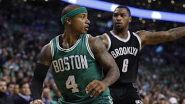Oct 26, 2016; Boston, MA, USA; Boston Celtics guard Isaiah Thomas (4) works the ball against Brooklyn Nets guard Sean Kilpatrick (6) in the second quarter at TD Garden. Mandatory Credit: David Butler II-USA TODAY Sports
