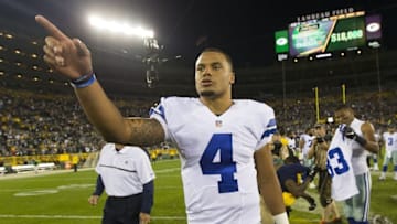 Oct 16, 2016; Green Bay, WI, USA; Dallas Cowboys quarterback Dak Prescott (4) following the game against the Green Bay Packers at Lambeau Field. The Cowboys won 30-16. Mandatory Credit: Jeff Hanisch-USA TODAY Sports
