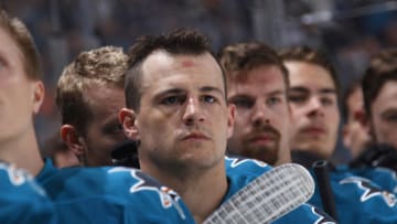 SAN JOSE, CA - APRIL 08: Michael Haley #38 of the San Jose Sharks looks on during the National anthem of the game against the Calgary Flames at SAP Center on April 8, 2017 in San Jose, California. (Photo by Rocky W. Widner/NHL/Getty Images)