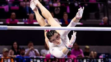 Florida Gators gymnast Kayla DiCello performs on the uneven bars during the meet against the Missouri Tigers at Exactech Arena at the Stephen C. O'Connell Center in Gainesville, FL on Friday, February 10, 2023. [Matt Pendleton/Gainesville Sun]Ncaa Gymnastics Missouri At Florida