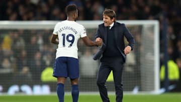 LONDON, ENGLAND - NOVEMBER 20: Ryan Sessegnon of Tottenham Hotspur and Antonio Conte the manager / head coach of Tottenham Hotspur at full time of the Premier League match between Tottenham Hotspur and Leeds United at Tottenham Hotspur Stadium on November 20, 2021 in London, England. (Photo by James Williamson - AMA/Getty Images)