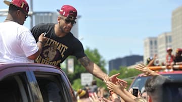 Jun 22, 2016; Cleveland, OH, USA; Cleveland Cavaliers guard Dahntay Jones celebrates during the NBA championship parade in downtown Cleveland. Mandatory Credit: David Richard-USA TODAY Sports