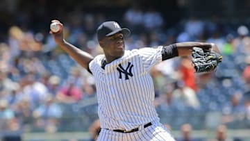 Jun 25, 2016; Bronx, NY, USA; New York Yankees starting pitcher Michael Pineda (35) pitches against the Minnesota Twins in the first inning at Yankee Stadium. Mandatory Credit: Andy Marlin-USA TODAY Sports