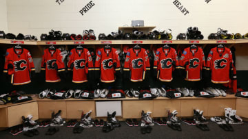 SYLVAN LAKE, CANADA - SEPTEMBER 24: The Calgary Flames locker room prior to facing the Arizona Coyotes during Day 4 of NHL Kraft Hockeyville at Fox Run School on September 24, 2014 in Sylvan Lake, Alberta, Canada. (Photo by Dave Sandford/NHLI via Getty Images)