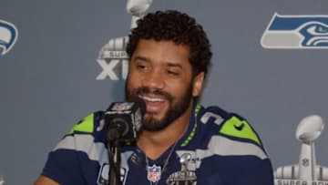 Jan 29, 2015; Phoenix, AZ, USA; Seattle Seahawks quarterback Russell Wilson (3) at press conference at Arizona Grand in advance of Super Bowl XLIX. Mandatory Credit: Kirby Lee-USA TODAY Sports
