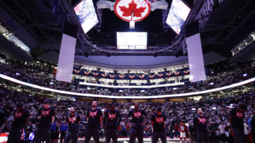 TORONTO, CANADA - MAY 7: The Toronto Raptors stand on the court before Game Four of the Eastern Conference Semifinals against the Cleveland Cavaliers during the 2017 NBA Playoffs on May 7, 2017 at the Air Canada Centre in Toronto, Ontario, Canada. NOTE TO USER: User expressly acknowledges and agrees that, by downloading and or using this Photograph, user is consenting to the terms and conditions of the Getty Images License Agreement. Mandatory Copyright Notice: Copyright 2017 NBAE (Photo by Mark Blinch/NBAE via Getty Images)