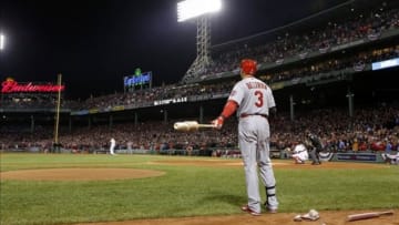 Oct 24, 2013; Boston, MA, USA; St. Louis Cardinals right fielder Carlos Beltran (3) in the on deck circle prior to the first inning of game two of the MLB baseball World Series against the Boston Red Sox at Fenway Park. Mandatory Credit: Greg M. Cooper-USA TODAY Sports