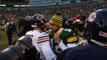 Green Bay Packers quarterback Aaron Rodgers embraces Chicago Bears quarterback Mitchell Trubisky (Photo by Jeff Hanisch-USA TODAY Sports)