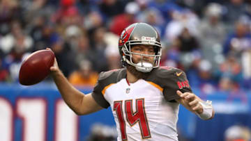 EAST RUTHERFORD, NJ - NOVEMBER 18: Tampa Bay Buccaneers quarterback Ryan Fitzpatrick #14 passes against the New York Giants during their game at MetLife Stadium on November 18, 2018 in East Rutherford, New Jersey. (Photo by Al Bello/Getty Images)