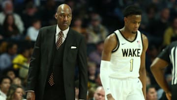 Feb 25, 2020; Winston-Salem, North Carolina, USA; Wake Forest Demon Deacons head coach Danny Manning gives instructions to forward Isaiah Mucius (1) during the second half against the Duke Blue Devils at Lawrence Joel Veterans Memorial Coliseum. Mandatory Credit: Jeremy Brevard-USA TODAY Sports