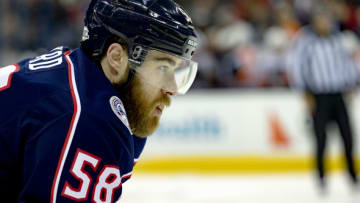 COLUMBUS, OH - FEBRUARY 16: Columbus Blue Jackets defenseman David Savard (58) looks on in the first period of a game between the Columbus Blue Jackets and the Philadelphia Flyers on February 16, 2018 at Nationwide Arena in Columbus, OH.(Photo by Adam Lacy/Icon Sportswire via Getty Images)