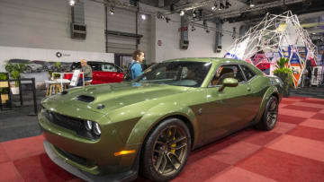 BRUSSELS, BELGIUM - JANUARY 13: Dodge Challenger SRT Hellcat performance muscle car at Brussels Expo on January 13, 2023 in Brussels, Belgium. (Photo by Sjoerd van der Wal/Getty Images)
