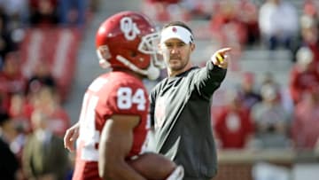 NORMAN, OK - NOVEMBER 25: Head Coach Lincoln Riley of Oklahoma Sooners during warm ups before the game against the West Virginia Mountaineers at Gaylord Family Oklahoma Memorial Stadium on November 25, 2017 in Norman, Oklahoma. Oklahoma defeated West Virginia 59-31. (Photo by Brett Deering/Getty Images)
