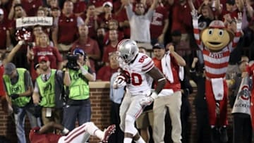 Sep 17, 2016; Norman, OK, USA; Ohio State Buckeyes wide receiver Noah Brown (80) reacts after scoring a touchdown past Oklahoma Sooners cornerback Parrish Cobb (4) during the game at Gaylord Family - Oklahoma Memorial Stadium. Mandatory Credit: Kevin Jairaj-USA TODAY Sports