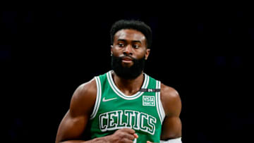 NEW YORK, NEW YORK - FEBRUARY 08: Jaylen Brown #7 of the Boston Celtics looks on against the Brooklyn Nets at Barclays Center on February 08, 2022 in New York City. NOTE TO USER: User expressly acknowledges and agrees that, by downloading and or using this photograph, User is consenting to the terms and conditions of the Getty Images License Agreement. (Photo by Steven Ryan/Getty Images)
