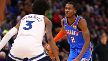 Shai Gilgeous-Alexander #2 of the Oklahoma City Thunder during the game against the Minnesota Timberwolves at Target Center on January 5, 2022 in Minneapolis, Minnesota. NOTE TO USER: User expressly acknowledges and agrees that, by downloading and or using this photograph, User is consenting to the terms and conditions of the Getty Images License Agreement. (Photo by Harrison Barden/Getty Images)