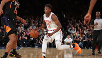 NEW YORK, NY - DECEMBER 17: Frank Ntilikina #11 of the New York Knicks handles the ball against the Phoenix Suns on December 17, 2018 at Madison Square Garden in New York City, New York. NOTE TO USER: User expressly acknowledges and agrees that, by downloading and or using this photograph, User is consenting to the terms and conditions of the Getty Images License Agreement. Mandatory Copyright Notice: Copyright 2018 NBAE (Photo by Nathaniel S. Butler/NBAE via Getty Images)