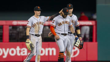 PHILADELPHIA, PA - JULY 31: Mike Yastrzemski #5, Kevin Pillar #1, and Austin Slater #53 of the San Francisco Giants celebrate after the game against the Philadelphia Phillies at Citizens Bank Park on July 31, 2019 in Philadelphia, Pennsylvania. The Giants defeated the Phillies 5-1. (Photo by Mitchell Leff/Getty Images)
