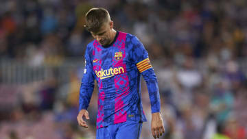 BARCELONA, SPAIN - SEPTEMBER 14: Gerard Pique of FC Barcelona looks on during the UEFA Champions League group E match between FC Barcelona and Bayern München at Camp Nou on September 14, 2021 in Barcelona, Spain. (Photo by Pedro Salado/Quality Sport Images/Getty Images)