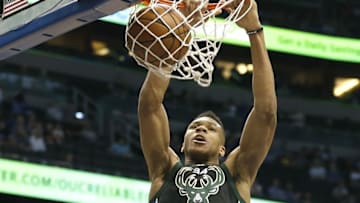 Apr 11, 2016; Orlando, FL, USA; Milwaukee Bucks forward Giannis Antetokounmpo (34) dunks the ball during the first quarter of a basketball game against the Milwaukee Bucks at Amway Center. Mandatory Credit: Reinhold Matay-USA TODAY Sports