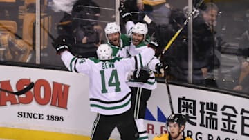 BOSTON, MA - JANUARY 15: Jamie Benn #14, Alexander Radulov #47 and Tyler Seguin #91 of the Dallas Stars celebrate the overtime goal against the Boston Bruins at the TD Garden on January 15, 2018 in Boston, Massachusetts. (Photo by Steve Babineau/NHLI via Getty Images)