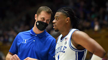 Duke basketball guard Trevor Keels and associate head coach Jon Scheyer (Rob Kinnan-USA TODAY Sports)