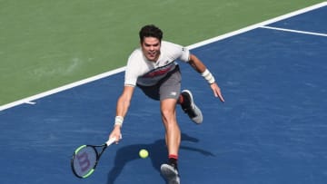 TOKYO, JAPAN - OCTOBER 03: Milos Raonic of Canada plays a forehand against Viktor Troicki of Serbia during day two of the Rakuten Open at Ariake Coliseum on October 3, 2017 in Tokyo, Japan. (Photo by Matt Roberts/Getty Images)