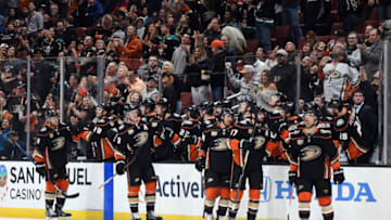 ANAHEIM, CA - OCTOBER 17: Anaheim Ducks players react after scoring a goal in the second period of a game against the New York Islanders played on October 17, 2018 at the Honda Center in Anaheim, CA. (Photo by John Cordes/Icon Sportswire via Getty Images)