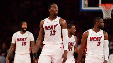 NEW YORK, NEW YORK - MARCH 30: Bam Adebayo #13, Dwyane Wade #3, Dion Waiters #11, and James Johnson #16 look on during the second half of the game against the New York Knicks at Madison Square Garden on March 30, 2019 in New York City. NOTE TO USER: User expressly acknowledges and agrees that, by downloading and or using this photograph, User is consenting to the terms and conditions of the Getty Images License Agreement. (Photo by Sarah Stier/Getty Images)
