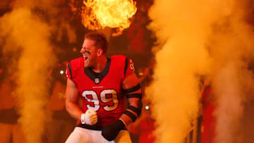 HOUSTON, TX - DECEMBER 13: J.J. Watt #99 of the Houston Texans is introduced before playing against the New England Patriots in the first quarter on December 13, 2015 at NRG Stadium in Houston, Texas. (Photo by Scott Halleran/Getty Images)