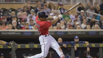 Jun 3, 2016; Minneapolis, MN, USA; Minnesota Twins center fielder Byron Buxton (25) hits a single in the seventh inning against the Tampa Bay Rays at Target Field. The Rays won 4-2. Mandatory Credit: Jesse Johnson-USA TODAY Sports
