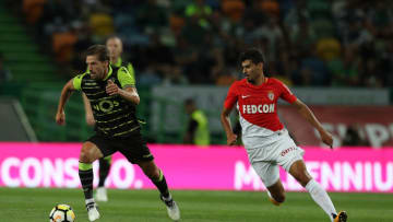 LISBON, PORTUGAL - JULY 22: Sporting CP midfielder Adrien Silva from Portugal (L) tries to escape Monaco midfielder Gil Dias from Portugal (R) during the Friendly match between Sporting CP and AS Monaco at Estadio Jose Alvalade on July 22, 2017 in Lisbon, Portugal. (Photo by Carlos Rodrigues/Getty Images)