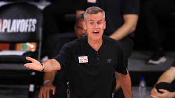 LAKE BUENA VISTA, FLORIDA - SEPTEMBER 02: Billy Donovan of the Oklahoma City Thunder during the second quarter against the Houston Rockets in Game Seven of the Western Conference First Round during the 2020 NBA Playoffs at AdventHealth Arena at ESPN Wide World Of Sports Complex on September 02, 2020 in Lake Buena Vista, Florida. NOTE TO USER: User expressly acknowledges and agrees that, by downloading and or using this photograph, User is consenting to the terms and conditions of the Getty Images License Agreement. (Photo by Mike Ehrmann/Getty Images)