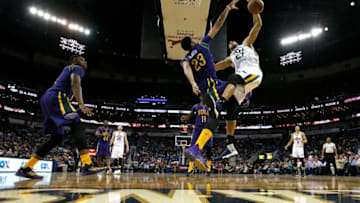 NEW ORLEANS, LA - FEBRUARY 08: Rudy Gobert #27 of the Utah Jazz is blocked by Anthony Davis #23 of the New Orleans Pelicans during the first half at Smoothie King Center on February 8, 2017 in New Orleans, Louisiana. NOTE TO USER: User expressly acknowledges and agrees that, by downloading and or using this photograph, User is consenting to the terms and conditions of the Getty Images License Agreement.(Photo by Sean Gardner/Getty Images)