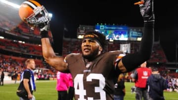 Oct 3, 2013; Cleveland, OH, USA; Cleveland Browns strong safety T.J. Ward (43) celebrates after defeating the Buffalo Bills 37-24 at FirstEnergy Stadium. Mandatory Credit: Andrew Weber-USA TODAY Sports