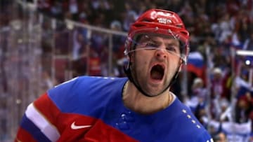 SOCHI, RUSSIA - FEBRUARY 16: Alexander Radulov #47 of Russia celebrates after scoring a goal in a shoot out against Jan Laco #50 of Slovakia during the Men's Ice Hockey Preliminary Round Group A game on day nine of the Sochi 2014 Winter Olympics at Bolshoy Ice Dome on February 16, 2014 in Sochi, Russia. (Photo by Bruce Bennett/Getty Images)