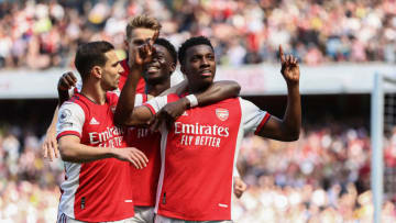 LONDON, ENGLAND - MAY 08: Eddie Nketiah of Arsenal celebrates after scoring his teams first goal during the Premier League match between Arsenal and Leeds United at Emirates Stadium on May 08, 2022 in London, England. (Photo by Ryan Pierse/Getty Images)