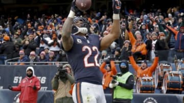 Jan 3, 2016; Chicago, IL, USA; Chicago Bears running back Matt Forte (22) celebrates after scoring a touchdown against the Detroit Lions during the second half at Soldier Field. The Lions won 24-20. Mandatory Credit: Kamil Krzaczynski-USA TODAY Sports