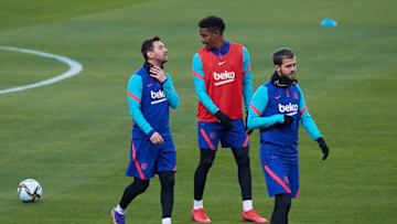 Lionel Messi, Junior Firpo and Pjanic of FC Barcelona. (Photo by Fran Santiago/Getty Images)