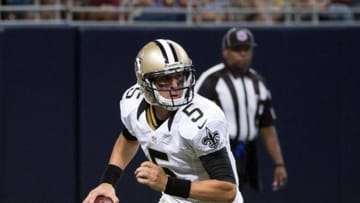 Aug 8, 2014; St. Louis, MO, USA; New Orleans Saints quarterback Logan Kilgore (5) runs with the ball against the St. Louis Rams during the second half at Edward Jones Dome. Mandatory Credit: Scott Rovak-USA TODAY Sports