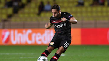 MONACO - SEPTEMBER 27: Hakan Calhanoglu of Bayer 04 Leverkusen in action during the UEFA Champions League Group E match between AS Monaco FC and Bayer 04 Leverkusen at Louis II Stadium on September 27, 2016 in Monte Carlo, Monaco. (Photo by Valerio Pennicino/Getty Images)