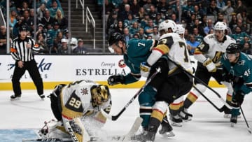 SAN JOSE, CA - OCTOBER 04: Marc-Andre Fleury #29 of the Vegas Golden Knights dives to make the save against Dylan Gambrell #7 of the San Jose Sharks at SAP Center on October 4, 2019 in San Jose, California. (Photo by Brandon Magnus/NHLI via Getty Images)