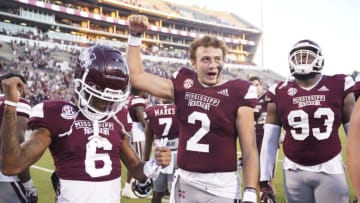Oct 1, 2022; Starkville, Mississippi, USA; Mississippi State Bulldogs players react after defeating the Texas A&M Aggies at Davis Wade Stadium at Scott Field. Mandatory Credit: Matt Bush-USA TODAY Sports