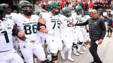 COLUMBUS, OHIO - NOVEMBER 20: Head coach Mel Tucker of the Michigan State Spartans waits with his players to take the field to play the Ohio State Buckeyes at Ohio Stadium on November 20, 2021 in Columbus, Ohio. (Photo by Gregory Shamus/Getty Images)