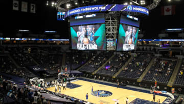 MINNEAPOLIS, MN - MAY 16: A message on the video board congratulates former Minnesota Timberwolves player Kevin Garnett on getting inducted into the Basketball Hall of Fame in the first quarter of the game between the Dallas Mavericks and Minnesota Timberwolves at Target Center on May 16, 2021 in Minneapolis, Minnesota. NOTE TO USER: User expressly acknowledges and agrees that, by downloading and or using this Photograph, user is consenting to the terms and conditions of the Getty Images License Agreement. (Photo by David Berding/Getty Images)